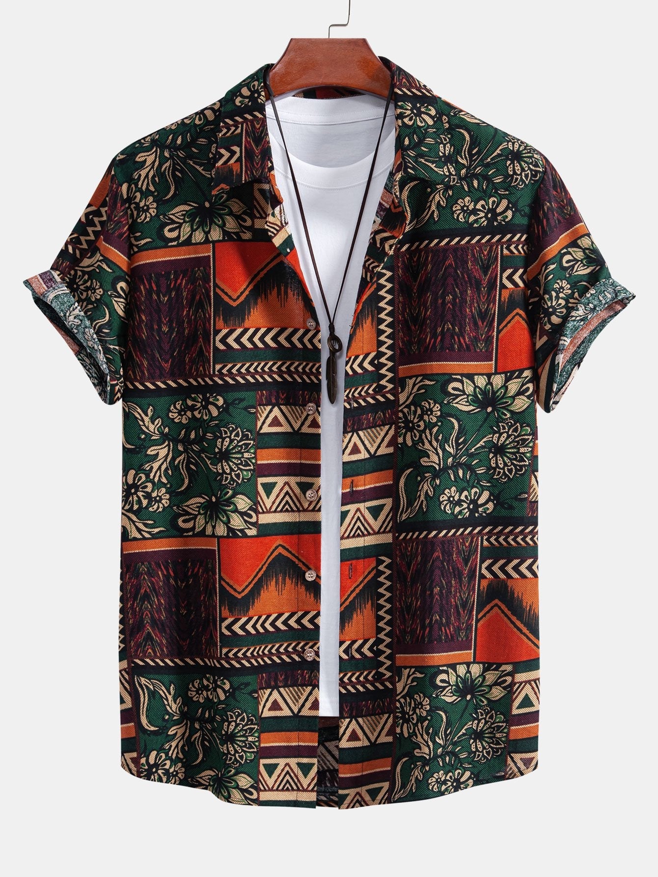 Floral Geometric Patchwork Print Cotton Shirt