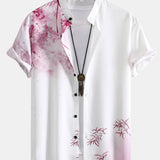 Traditional Oriental Ink Painting Print Stand Collar Shirt