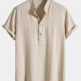 Linen Blend Striped Half Open Placket Henley Collar Shirt