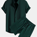 Muscle Fit Ribbed Stand Collar Shirt & Shorts Set