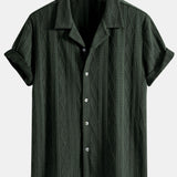 Knitted Geometric Rhombus Jacquard Cuban Shirt & Crinkle Textured Pants Set