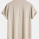 Linen Blend Striped Henley Collar Shirt & Linen Cotton Blend 11" Shorts Set