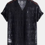 Short Sleeve Geometry Textured Cuban Shirt & Linen Pants Set