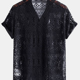 Short Sleeve Geometry Textured Cuban Shirt & Linen Pants Set