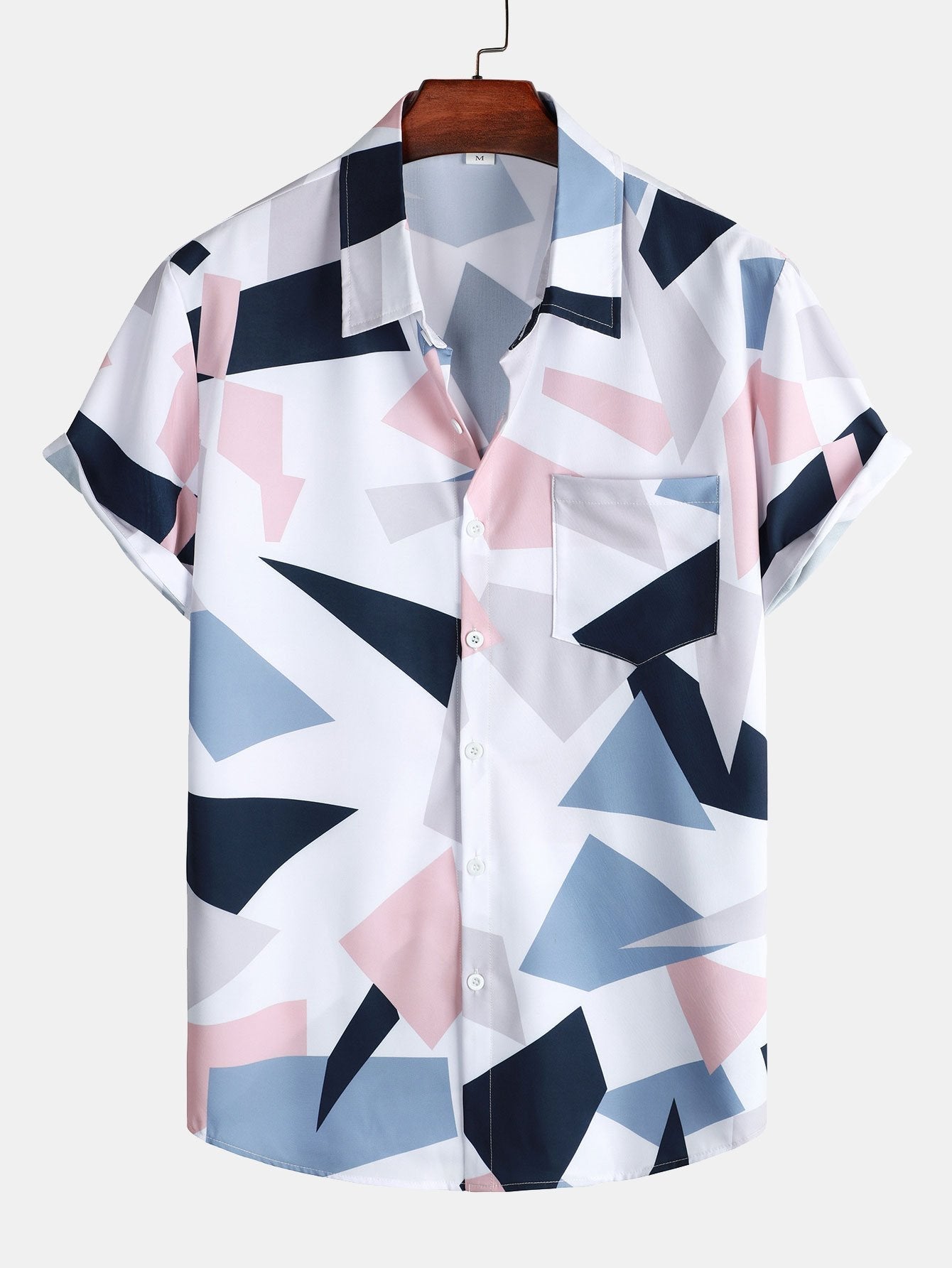 Geometric Print Shirt with Pocket & Short Length Swim Shorts Set