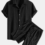 Geometric Jacquard Eyelet Cuban Shirt & Textured Shorts with Lining Set