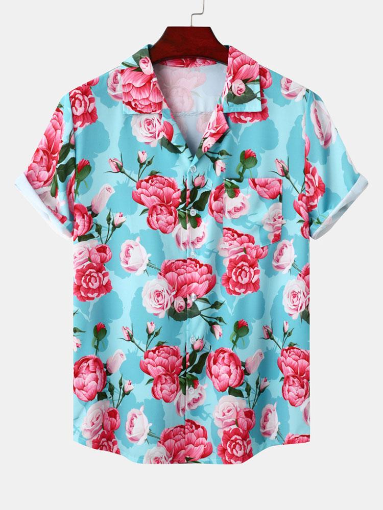 Short Sleeve Red Rose Print Revere Shirt