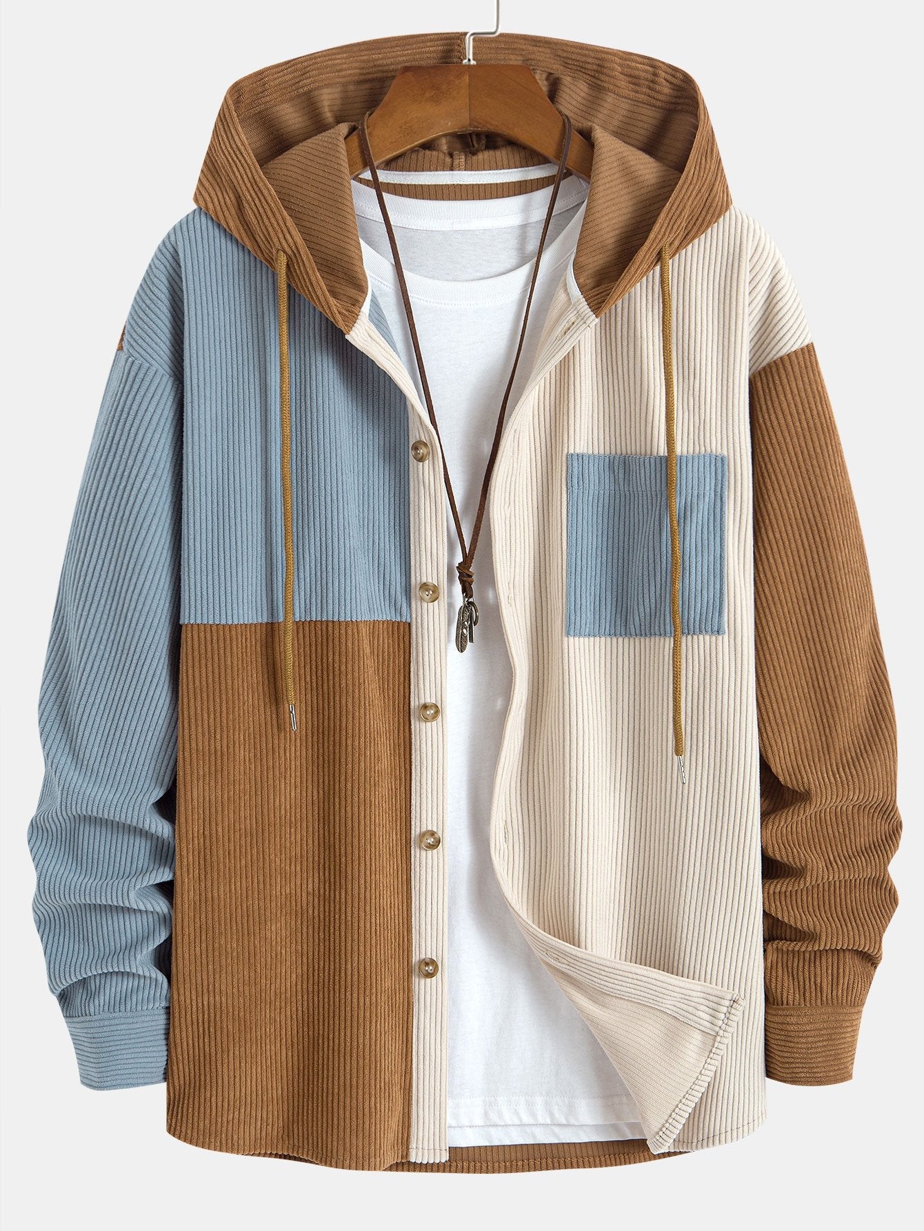 Colorblock Corduroy Hooded Shirt & Drawstring Corduroy Cargo Jogger Pants Set