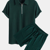 Muscle Fit Ribbed Half Zip Polo & Shorts Set