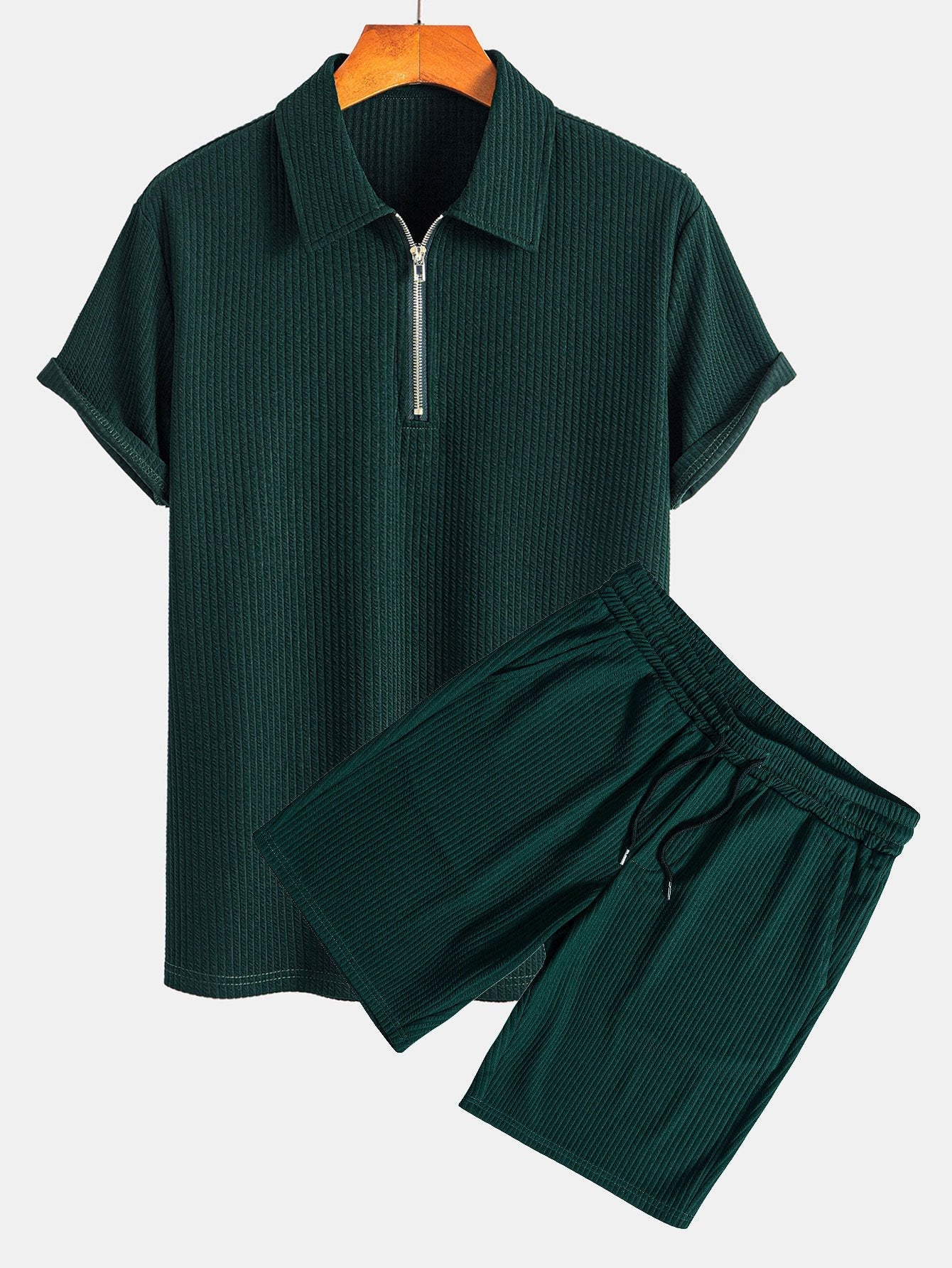 Muscle Fit Ribbed Half Zip Polo & Shorts Set