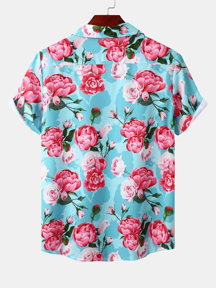 Short Sleeve Red Rose Print Revere Shirt