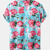 Short Sleeve Red Rose Print Revere Shirt