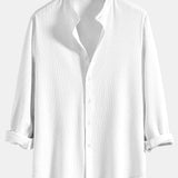 Long Sleeve Muscle Fit Ribbed Stand Collar Shirt & Linen Pants Set