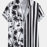 Palm Tree Flamingo Stripe Patchwork Print Shirt & Swim Shorts Set