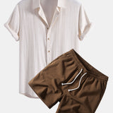 Linen Rayon Blend Shirt & Crinkle Textured Drawstring 5" Shorts Set