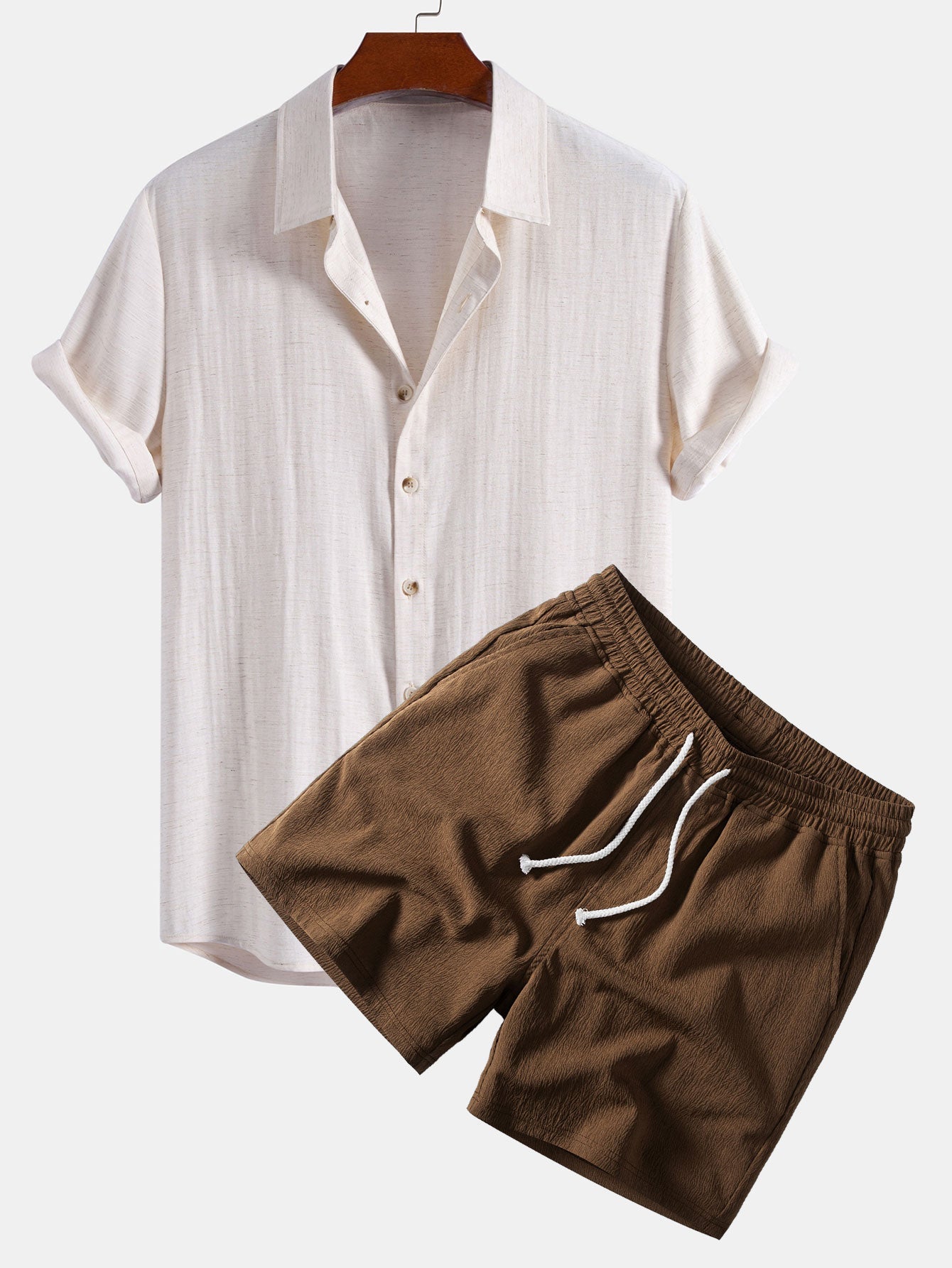 Linen Rayon Blend Shirt & Crinkle Textured Drawstring 5" Shorts Set
