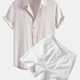 Linen Rayon Blend Shirt & Crinkle Textured Drawstring 5" Shorts Set