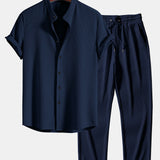 Muscle Fit Ribbed Stand Collar Shirt & Straight Leg Ribbed Pants Set